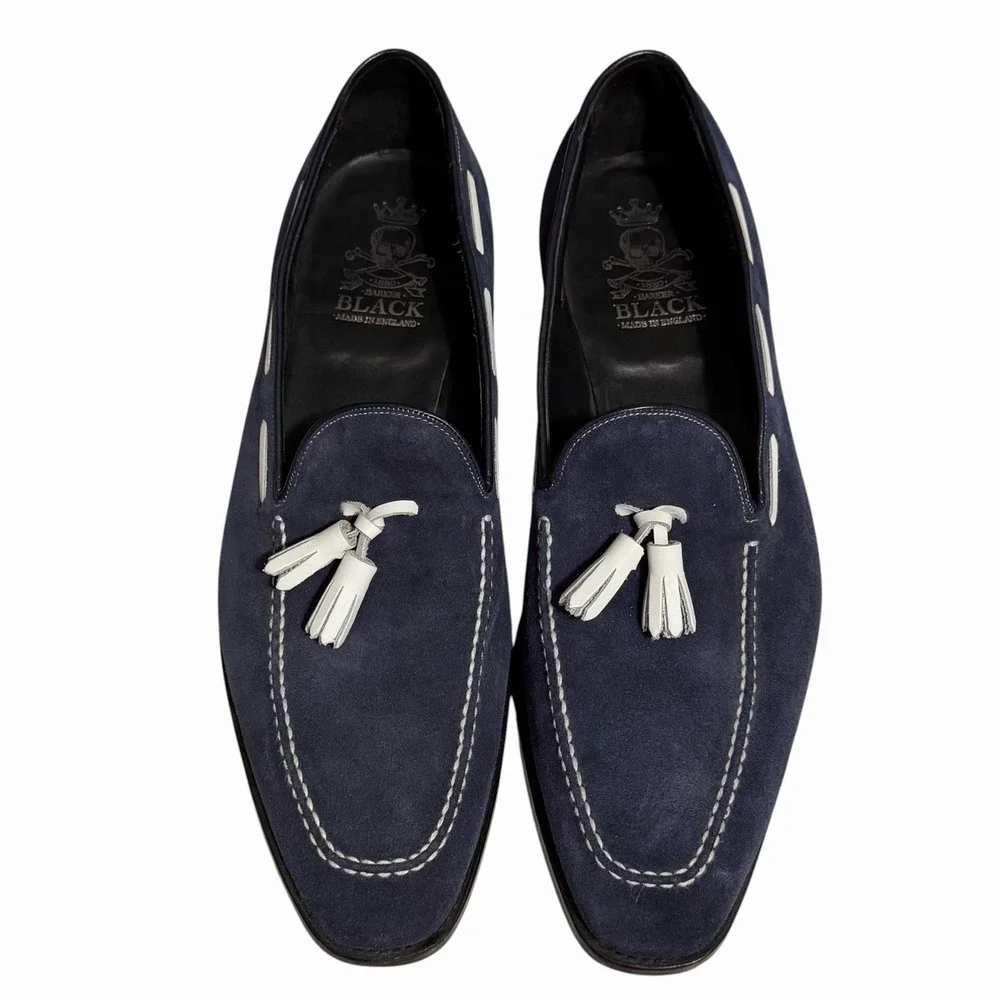 Barker Black Navy Suede Tassel Loafers Mens UK 10 US‎ 11 Made in England